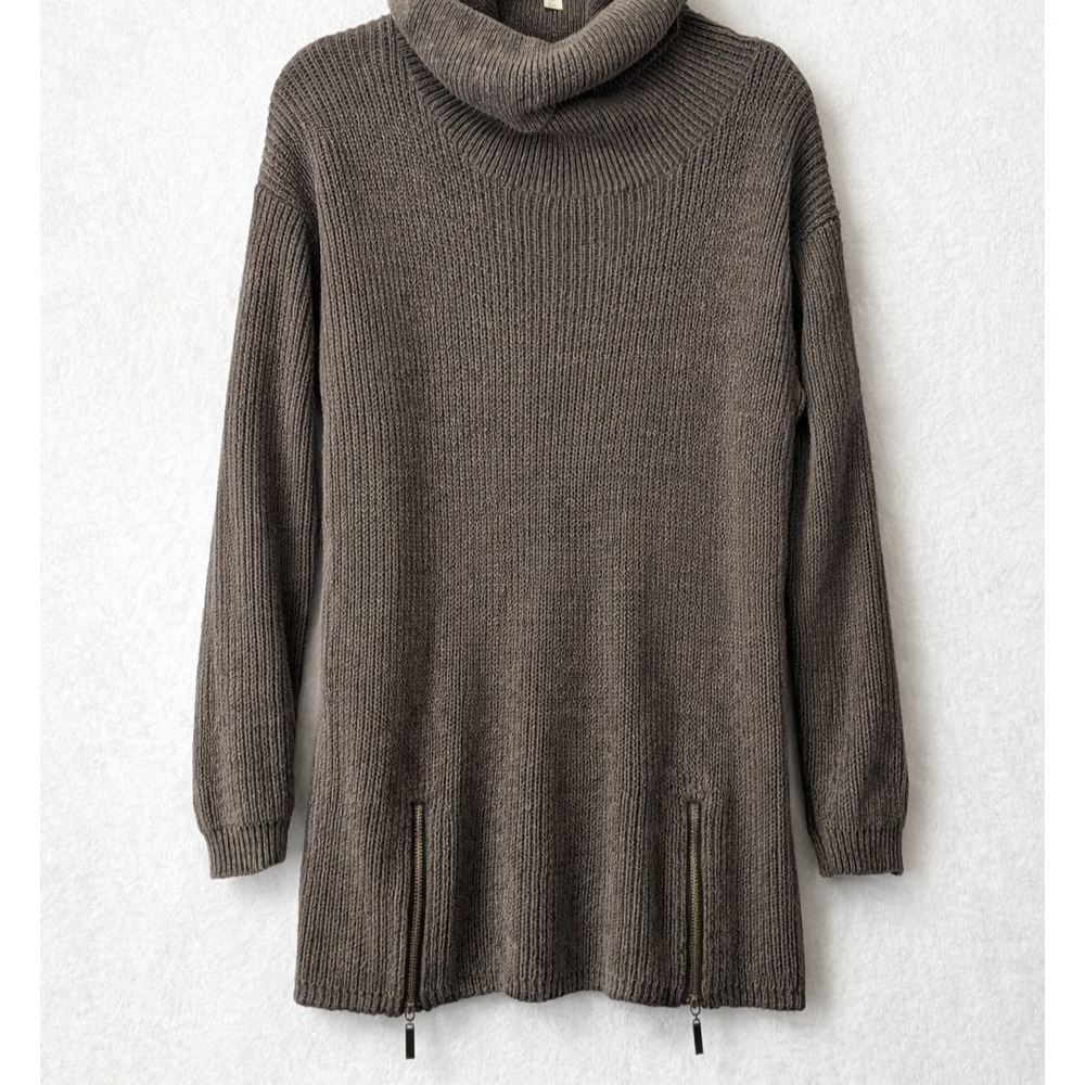 Lira Cowl Neck Tunic Sweater Womens Large Gray Ribbed Knit Side Zip Hem
